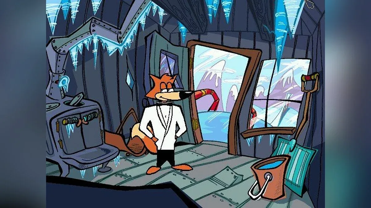 An orange fox in a white tuxedo inside an icy cartoon spy base
